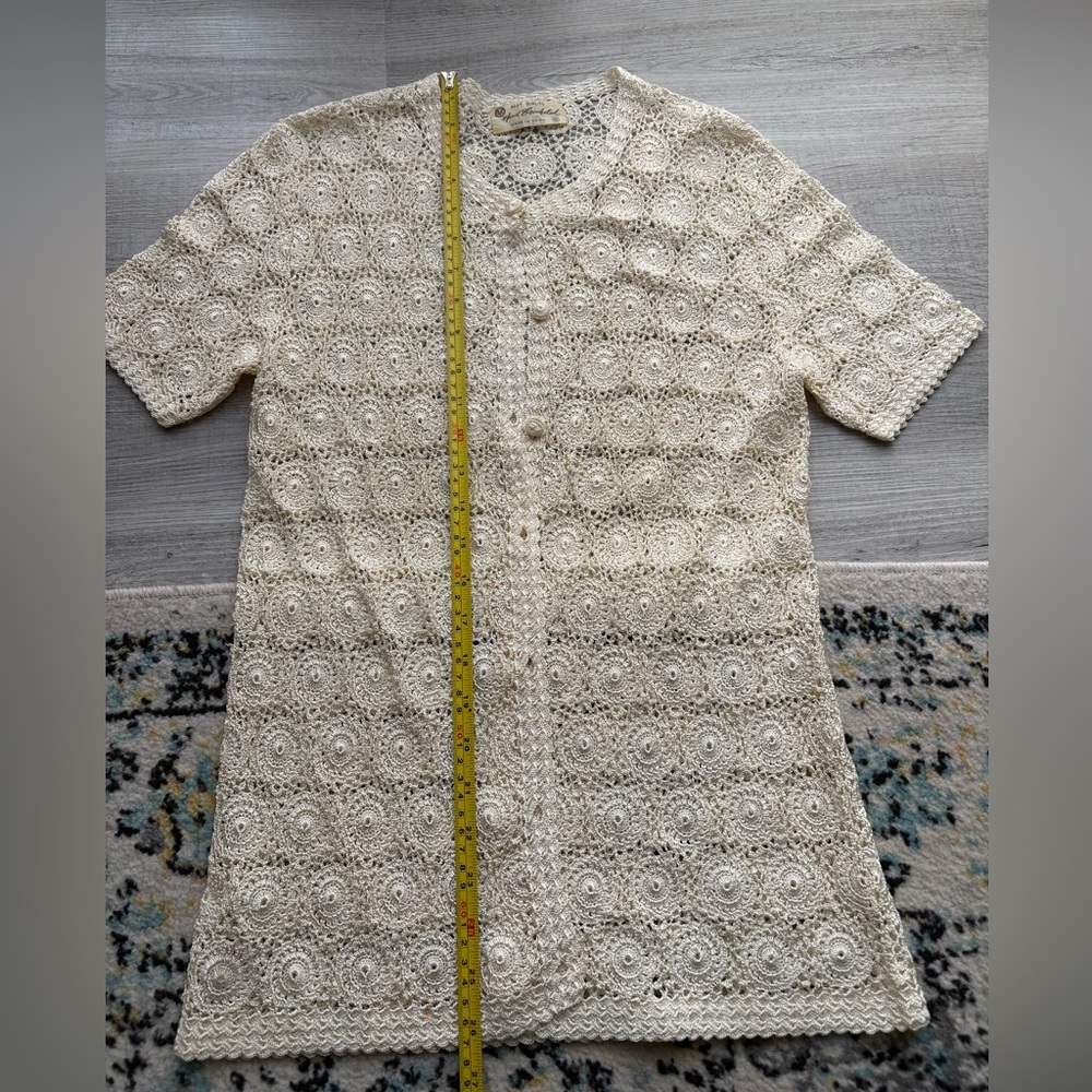 Vintage Hand Crocheted Doily Pattern Short Sleeve Button Down Cardigan Sweater S - Picture 4 of 11